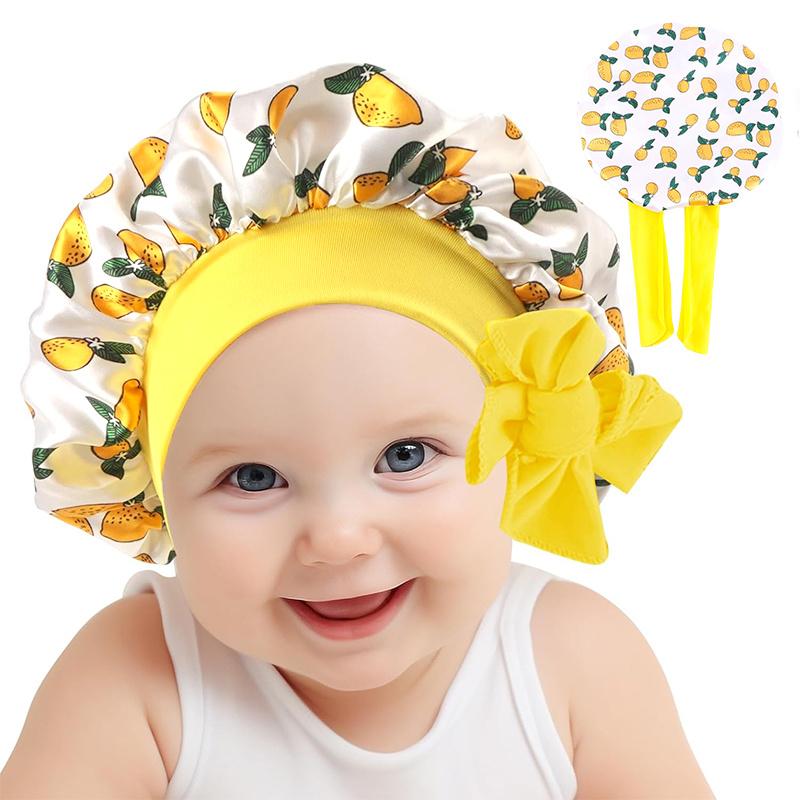 Szeroka opaska drukowana dla dzieci Czapka prysznicowa Jedwabna czapka Kręcone włosy Chłopiec Dziewczynki Regulowana Czapka do spania na noc Opaska na głowę z kokardą dla niemowląt