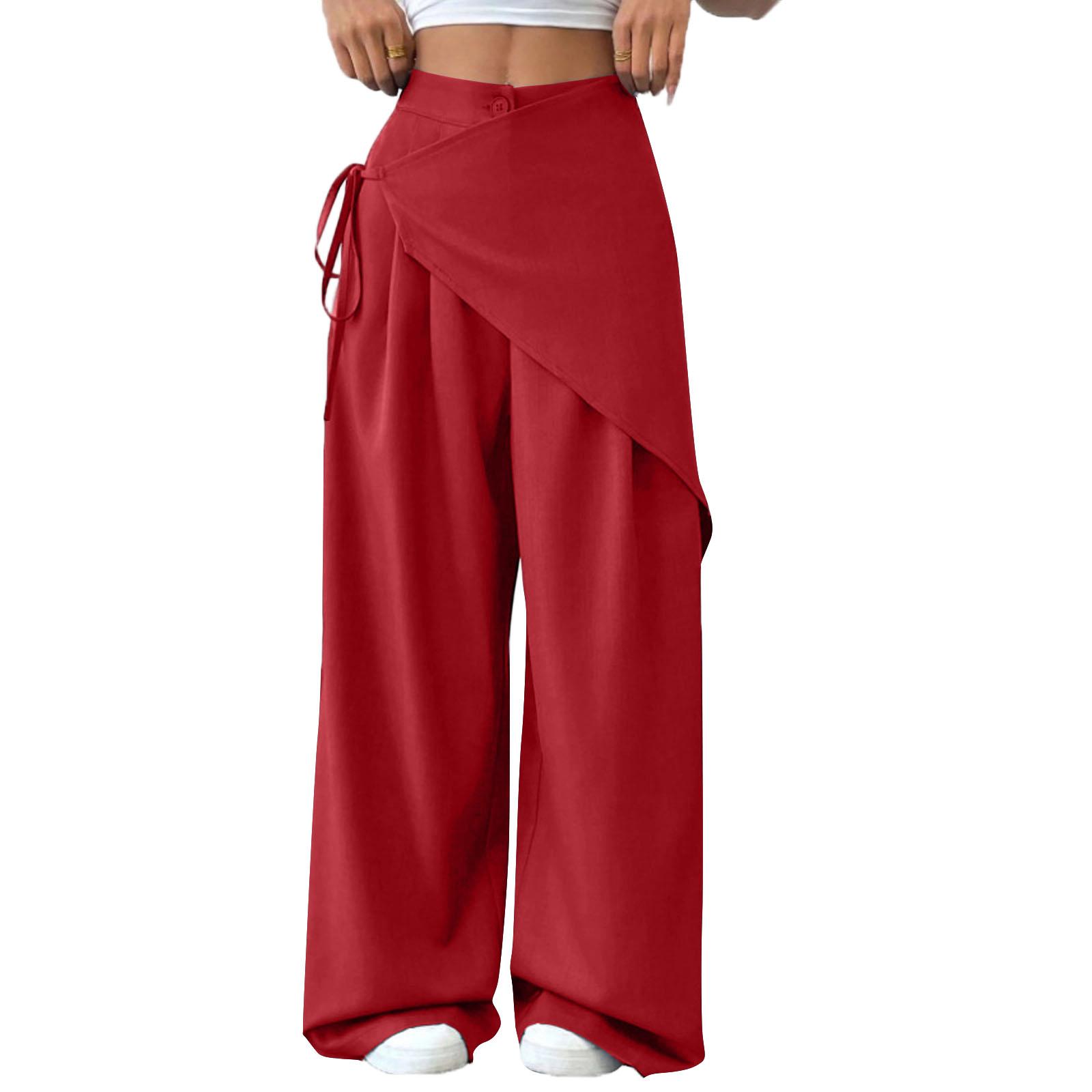 

Women s Casual Fashion Solid-Color Elastic Waistband Wide-Leg Straight-Leg Pants With Pockets XL красный