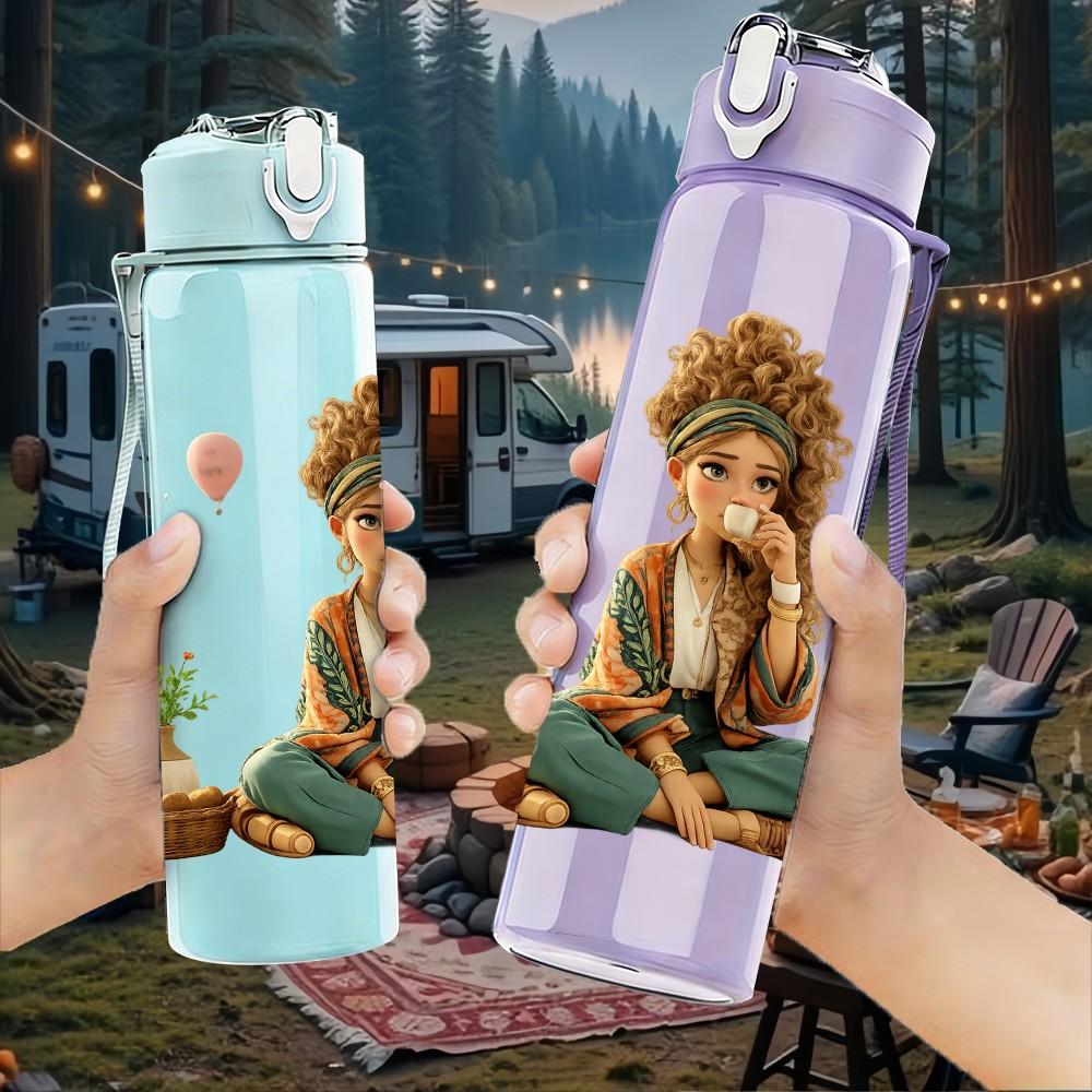1PC Little Boy Sitting With Potted Plant Print 750ml Color Plastic Sports Water Bottle Leakproof Flip Straw Lid Suitable for Sports Office Home Use