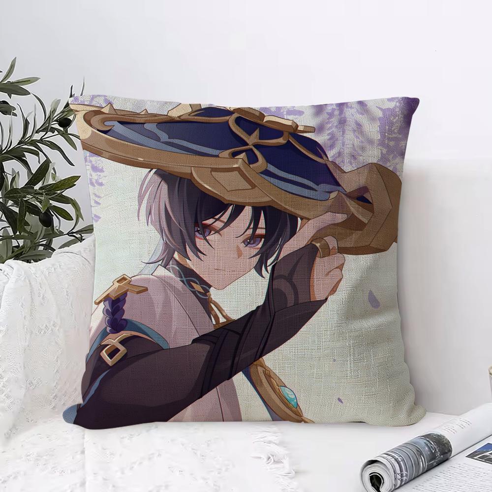 Genshin Impact Scaramouche Cushion Cover Eco Linen Pillow Case DoubleSided Print Breathable Durable Zipper Home Decor Gift