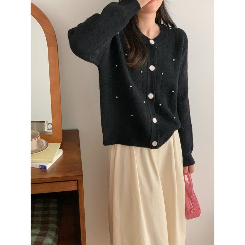 

Кардиган из бисерной вязки для тяжелой промышленности, новый весенний, темпераментный, с продвинутым чувством, свободная куртка-свитер для женщин one size fits all чёрный