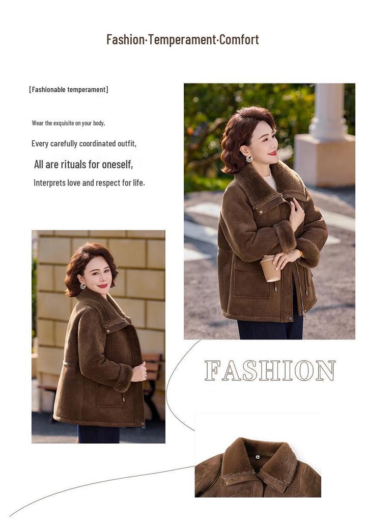Mid-Age Women's Winter Fashion: Velvet-Thickened Short Cotton Jacket with Leather and Fur
