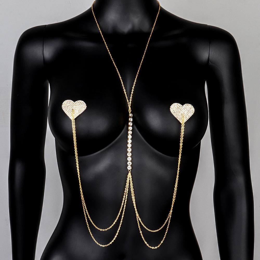 

2023 Heart-Shaped Rhinestone Nipple Pasties & Sexy Multilayer Breast Chain золотой