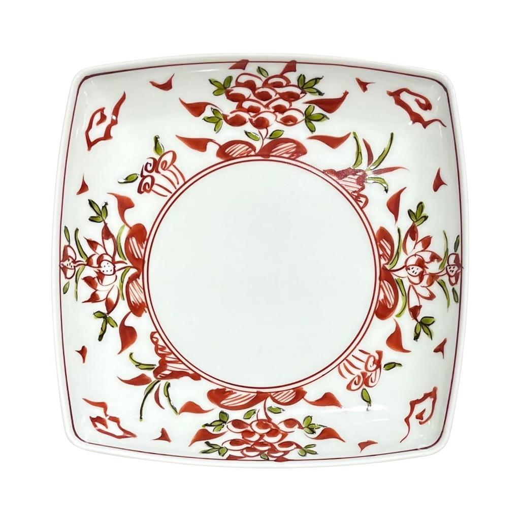 Arita ware square plate, hand-painted Denpeigama Mingli red-painted square plate, approximately 17cm