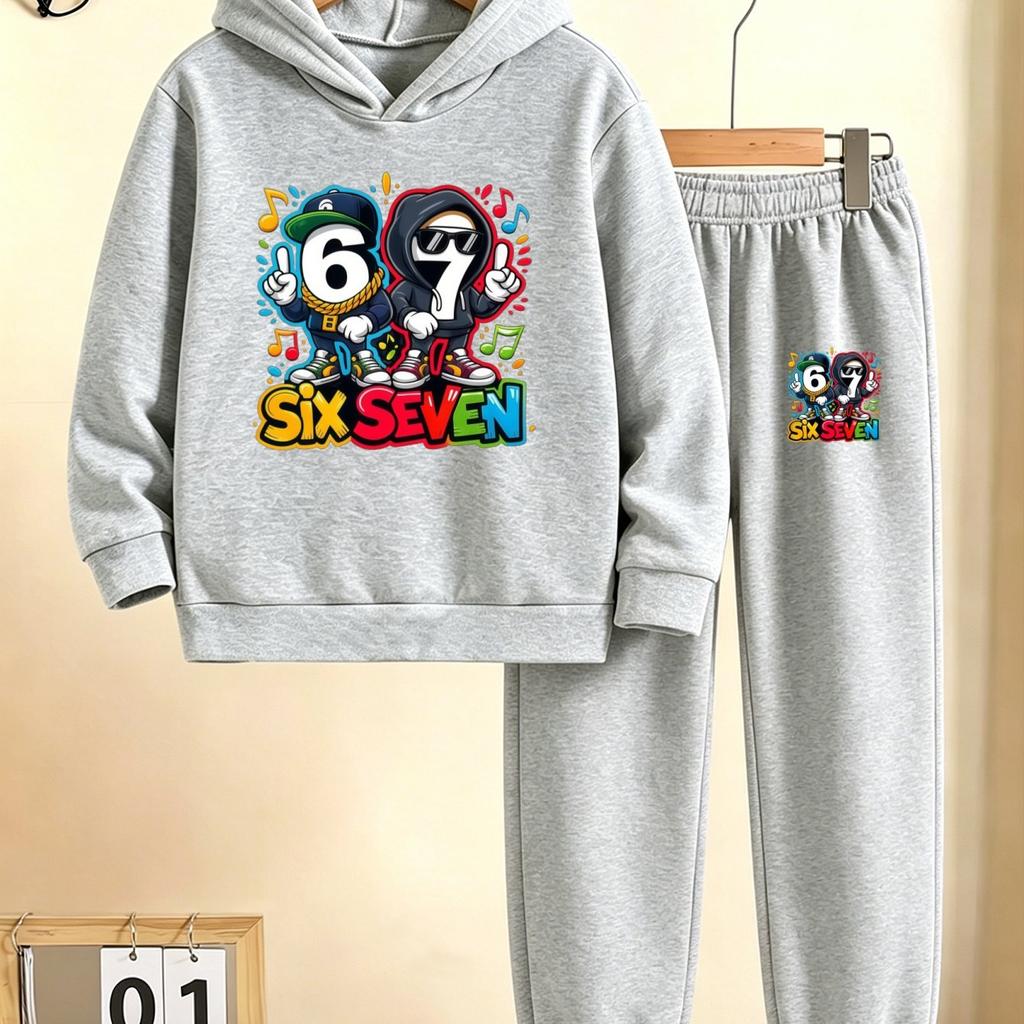 New autumn/winter 2-piece tracksuit set: hooded sweatshirt + long pants, featuring a Halloween-themed SIX SEVEN 67 print.
