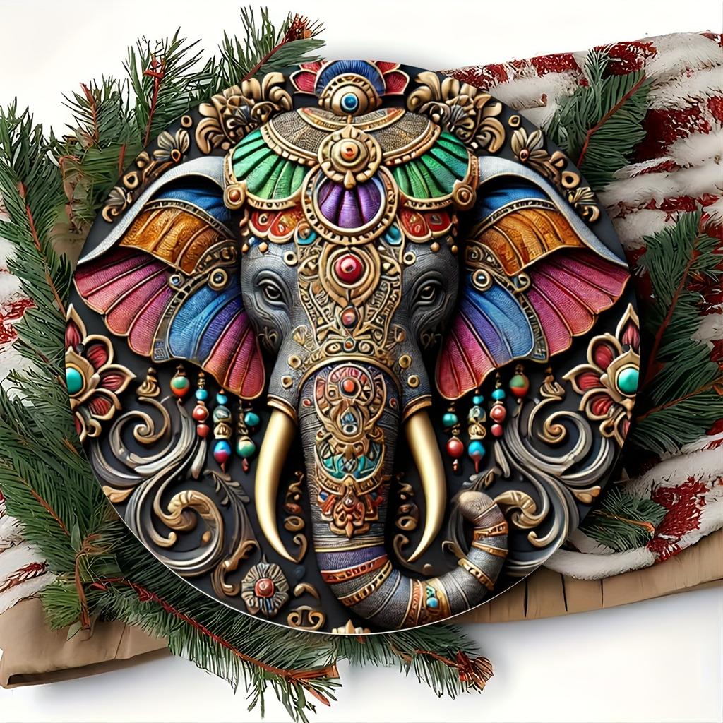 Vintage Indian Elephant Metal Round Tin Sign - Unique Wall Hanging Decor for Living Room, Home, Garden