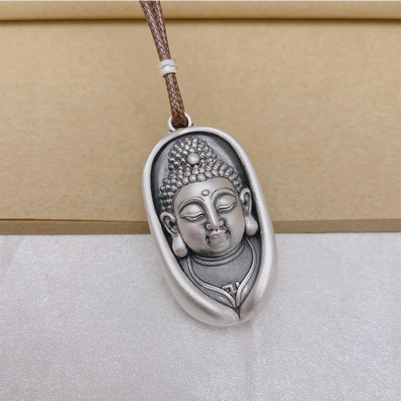 999 Sterling Silver Buddha Head Pendant Necklace with Lotus for Women - Retro Ethnic Style