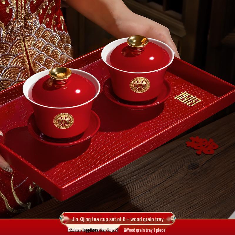 Festive Red Wedding Tea Set: Lidded Bowls, Tea Cups, and Chopsticks