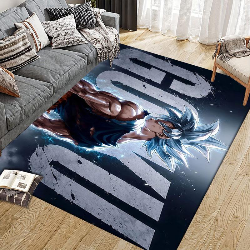 Son Goku Flannel Printed Carpet, Home Sofa Decoration for Living Room & Bedroom, Non‑Slip Play Flannel Floor Mat for Game Room