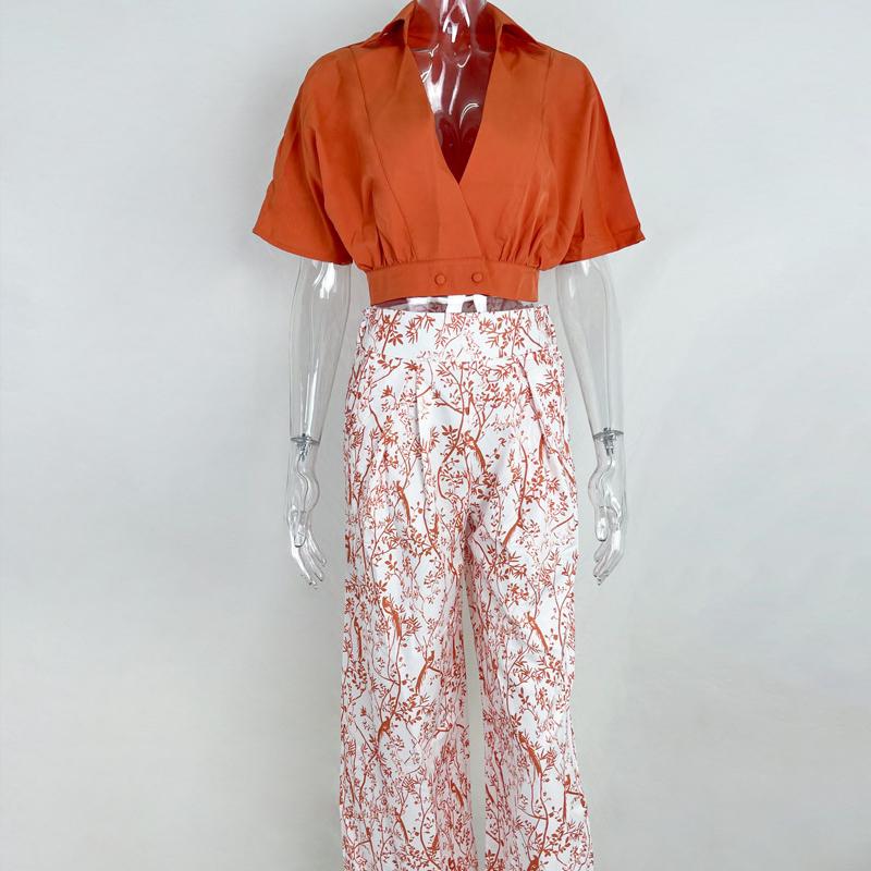V-hals Korte Mouw Shirt En Blouses Effen Crop Top Rechte Print Wijde Pijp Lange Broek Outfits 2-delige Casual Zomer Dames Sets