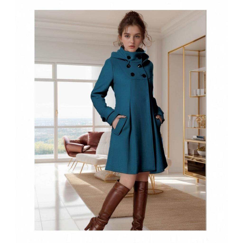 Women's Coats - Daily Women's Hooded Double Breasted Wool Blend Mid-long Cloak Coat Winter Outerwear