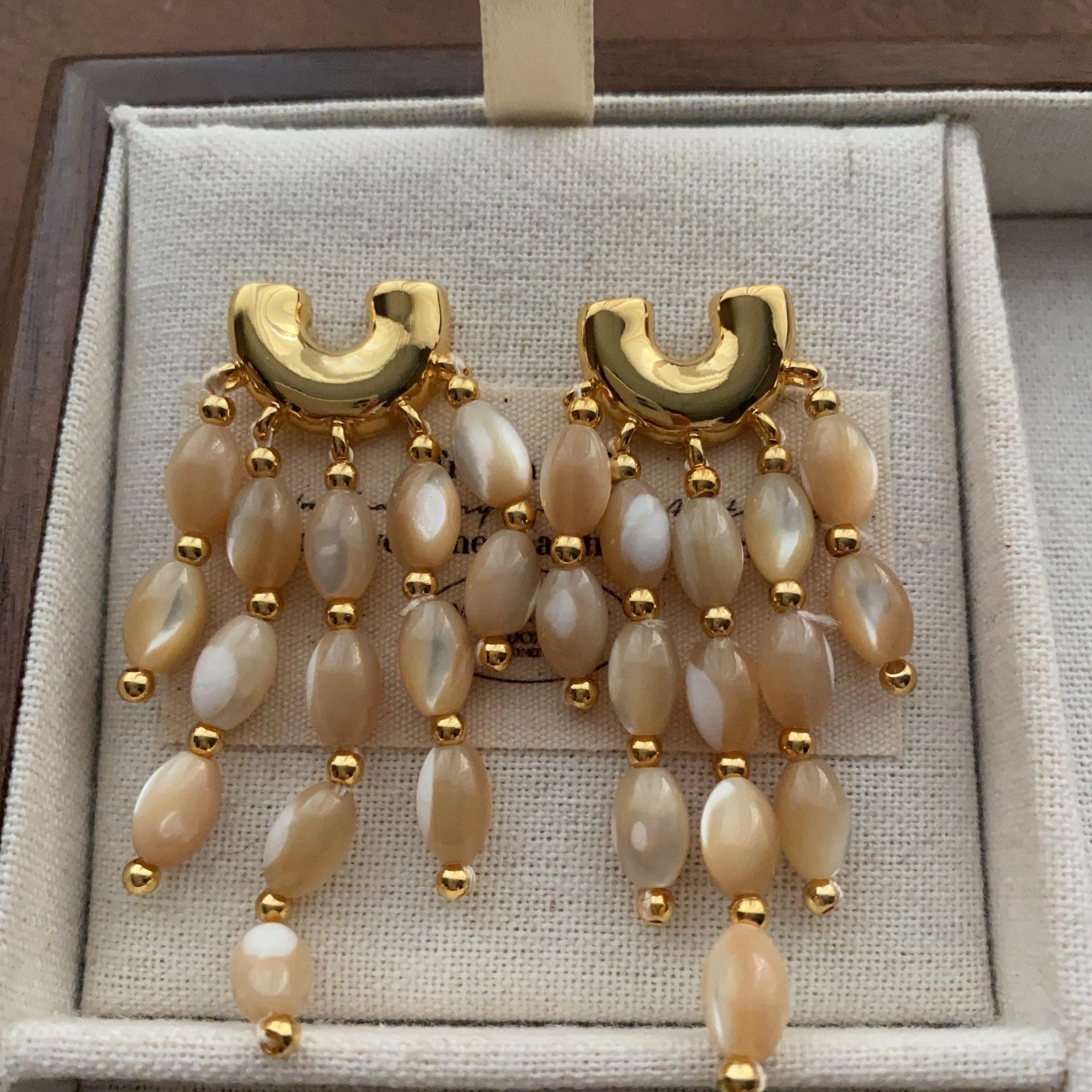 Natural tiger s eye stone beads beaded fringed earrings, earrings, French holiday romantic earrings.