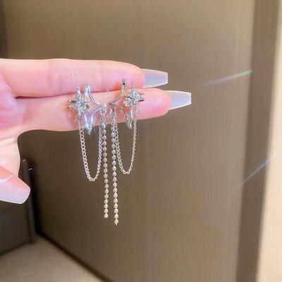 Asymmetrical S925 Sterling Silver Star Tassel Stud Earrings - French Minimalist Style Exquisite Accessories
