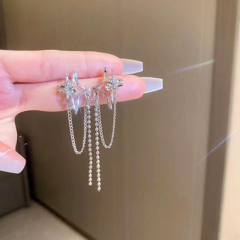 Asymmetrical S925 Sterling Silver Star Tassel Stud Earrings - French Minimalist Style Exquisite Accessories