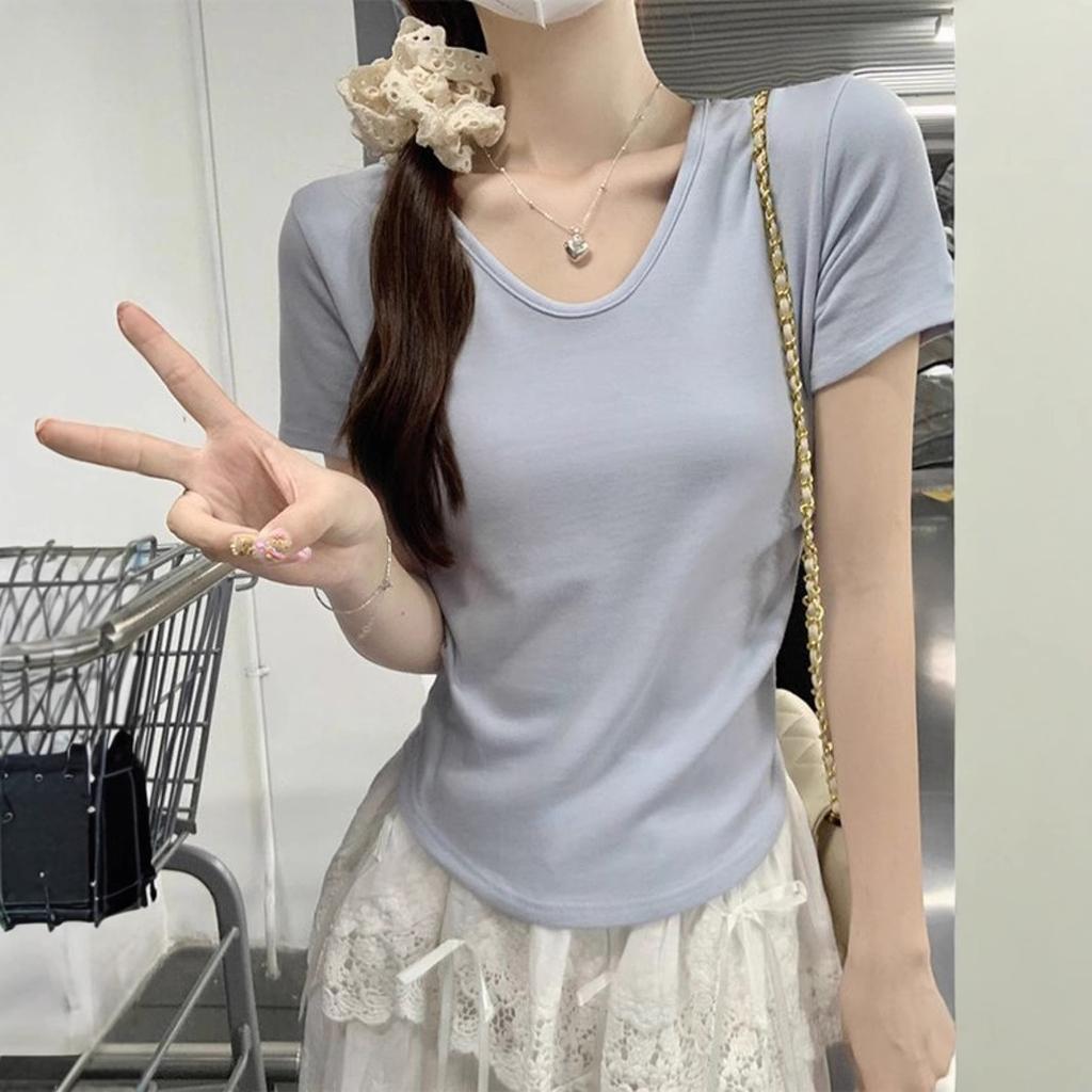 Biała Koszulka z Krótkim Rękawem i Dekoltem V dla Kobiet Latem Nowa Dopasowana i Uniwersalna Koreańska Krótka Góra