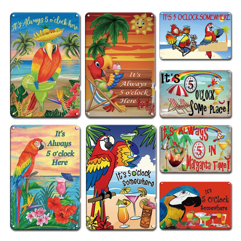 

Забавный металлический плакат с попугаем, жестяная вывеска, винтажная наклейка на 5 часов, металлические пластины, деревенский тики-бар, домашний декор для стен, доска