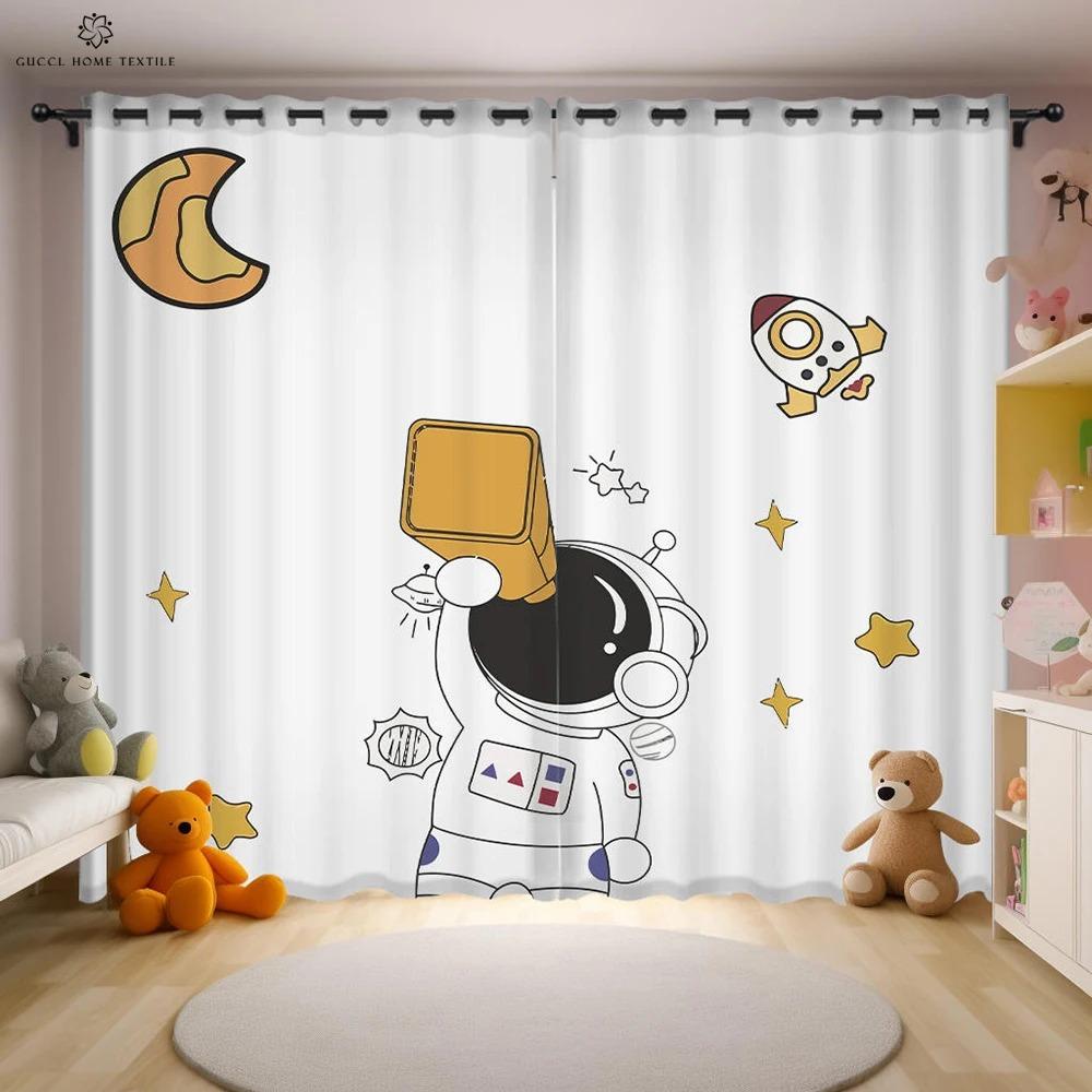 Animated Cartoon Astronaut and Space Drapes for Kids Bedroom Window Decoration Semi Blackout Curtains Home Decoration