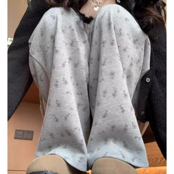 Women's Elastic Waist Wide Leg Pants Straight Fit Sweet Floral Trousers Summer Thin Drawstring Casual Draping Long Pants