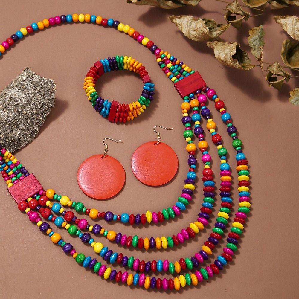 Colorful Vintage Boho Bib Beads Ethnic Style Geometric Beaded Necklace  Women Party Accessories