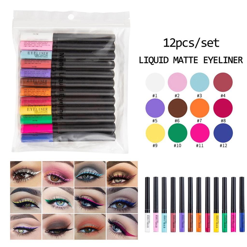 12 Color Matte Liquid   Set Eye Makeup Liquid Colorful Eye Liner Waterproof Smudge-proof  -lasting