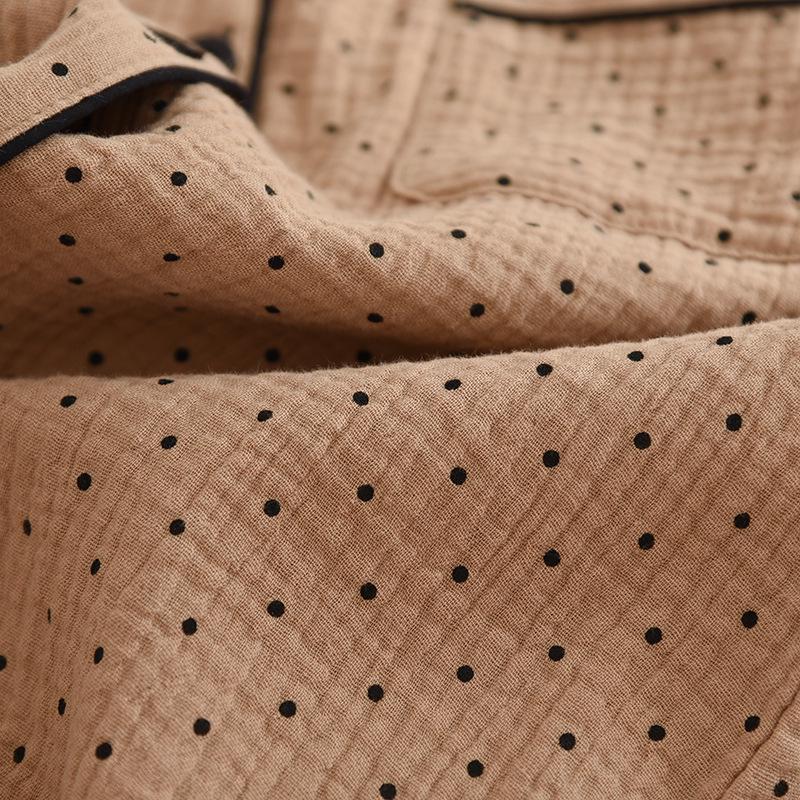 Women's Polka Dot Crinkle Cotton Pajama Set - Long Sleeve & Pants, Japanese Style, Soft Spring/Summer Homewear