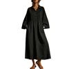 Women's Linen Blend V Neck Front Button Dress Three Quarter Flare Sleeves Loose Fit A Line Long Dress Casual Wear
