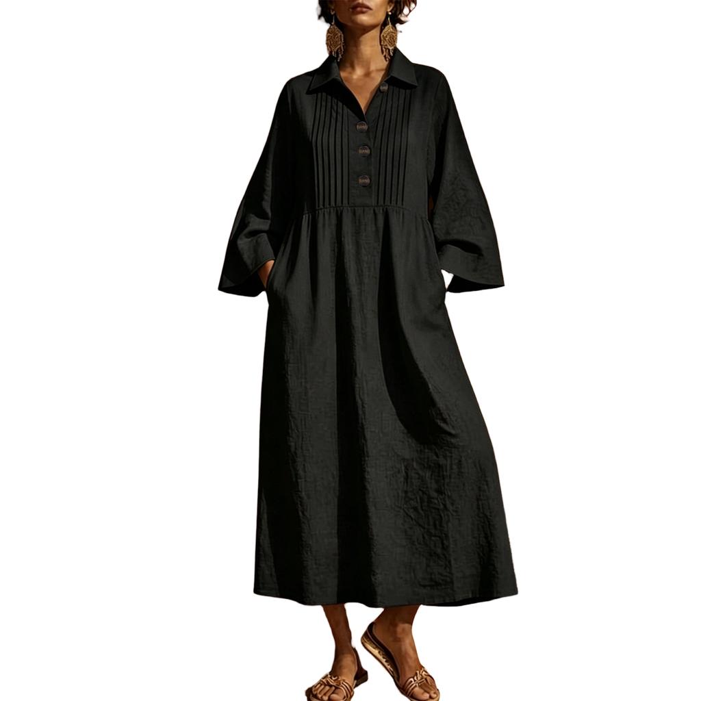 Women's Linen Blend V Neck Front Button Dress Three Quarter Flare Sleeves Loose Fit A Line Long Dress Casual Wear