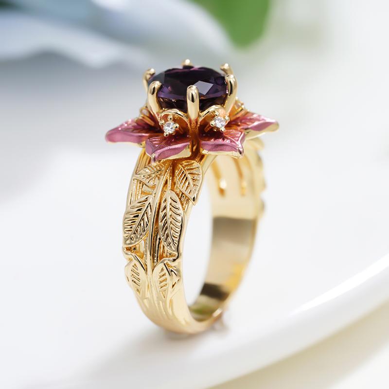 Huitan Flower Design Two Tone Ring for Women Fashion Party Wedding Luxury Accessories Inlaid Purple CZ Elegant Party Jewelry