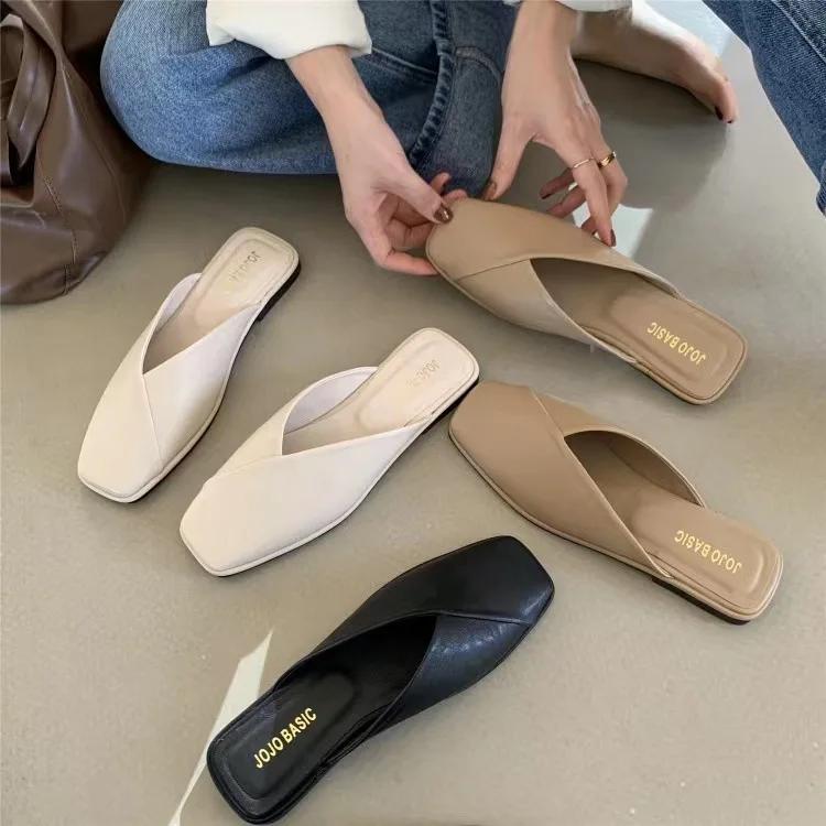 Fashion Women Mules Summer Elegant Square Closed Toe Flat Slippers Female Shoes Casual Leather Black White Slides Plus Size 35-43
