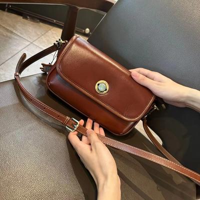 New Retro Genuine Leather Women's Bag with Top Layer Vegetable Tanned Cowhide Shoulder Bag Lock Versatile Temperament Hand Crossbody Bag