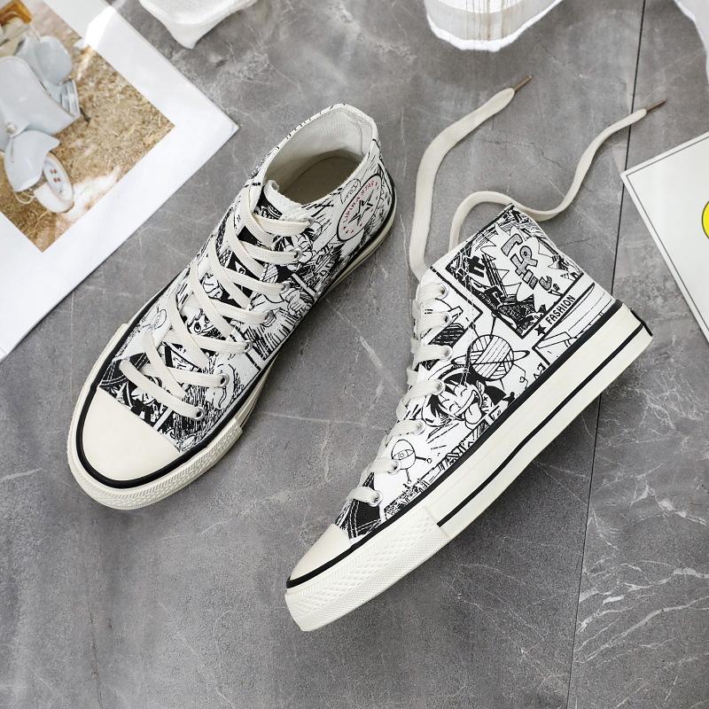 

Весенние и осенние высокие дышащие парусиновые туфли Мужские трендовые универсальные высокие парусиновые туфли с граффити Студенческие модные трендовые туфли для сёрфинга 39