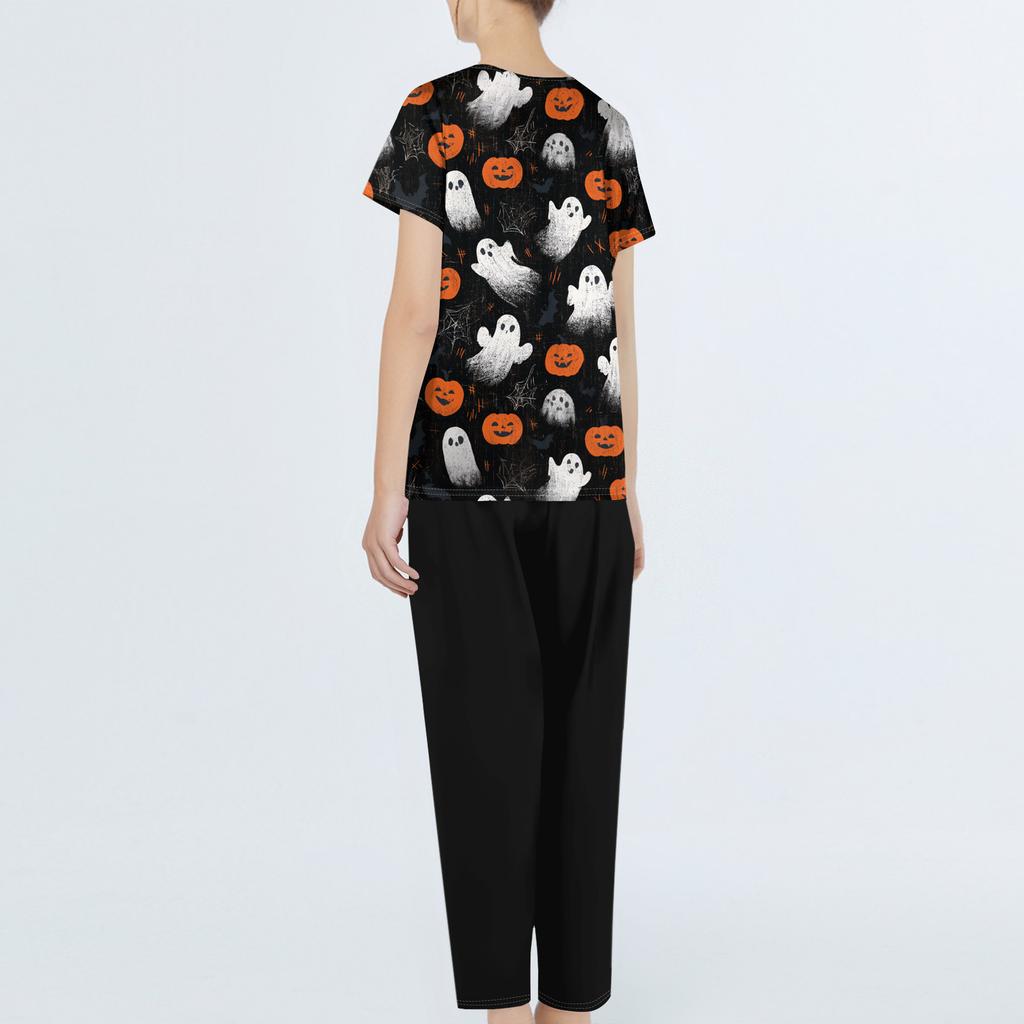 Women's Uniform Set with Halloween Print, Short Sleeve Top and Pants with Pockets, 2-Piece