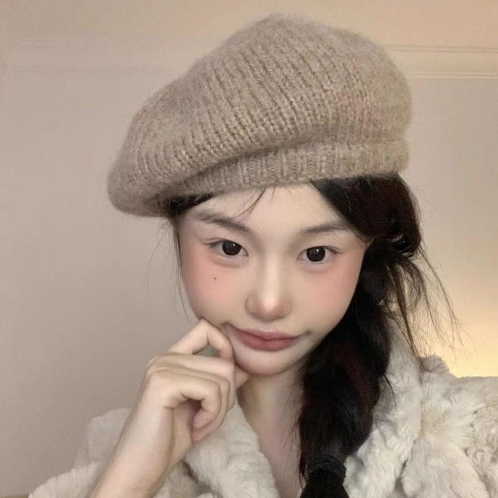 Mohair Wool Painter Hat Fluffy Knitted Octagonal Cap Artist Hat Knitted Beret Hat  Streetwear
