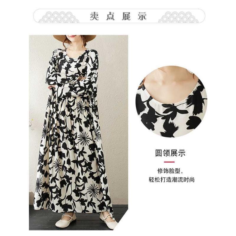 Round Neck Long Sleeve Loose Literary Vacation Style Dress