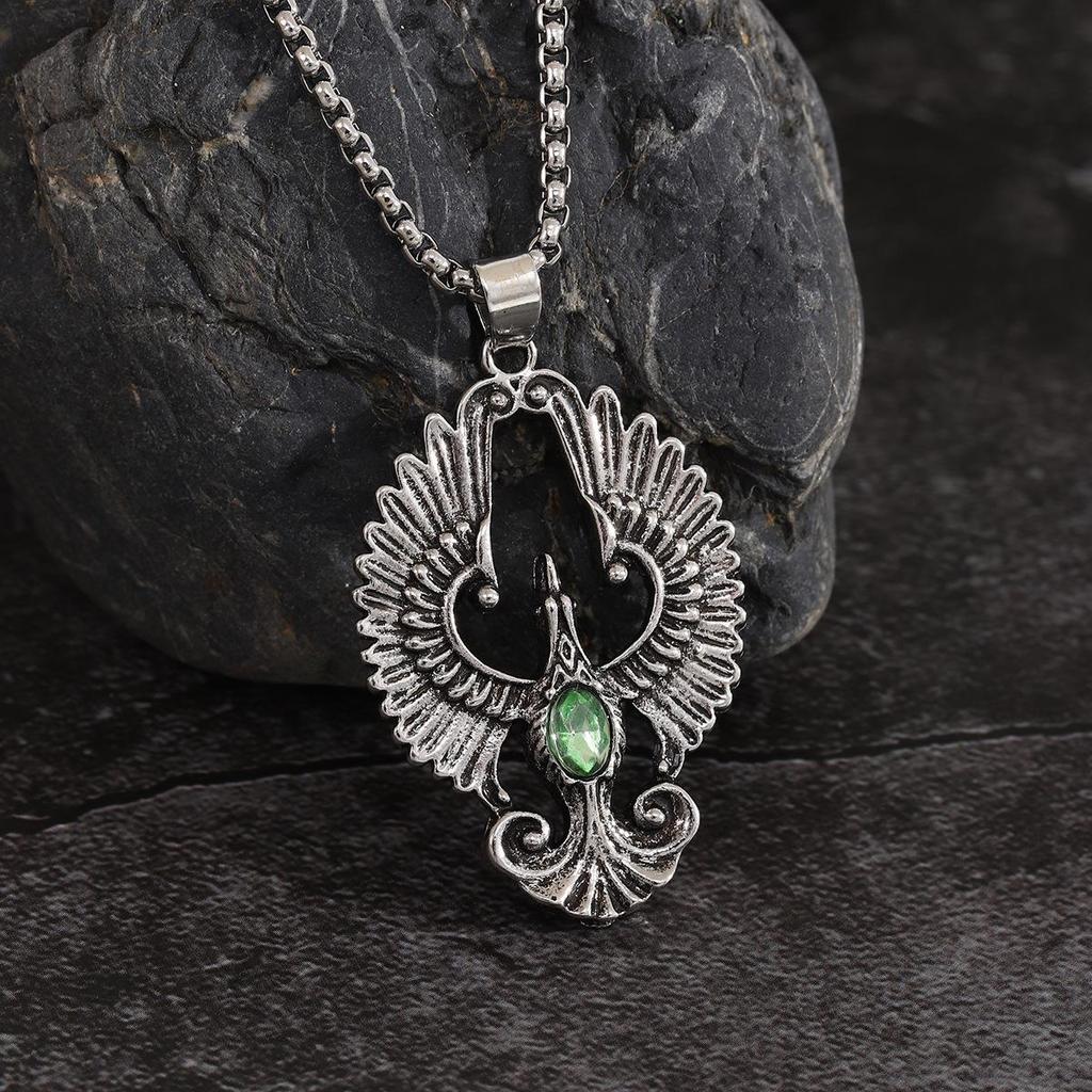 Collana con Ciondolo Fenice Vintage con Pietra Sintetica - Accessorio Tendenza Moda per Donne e Uomini