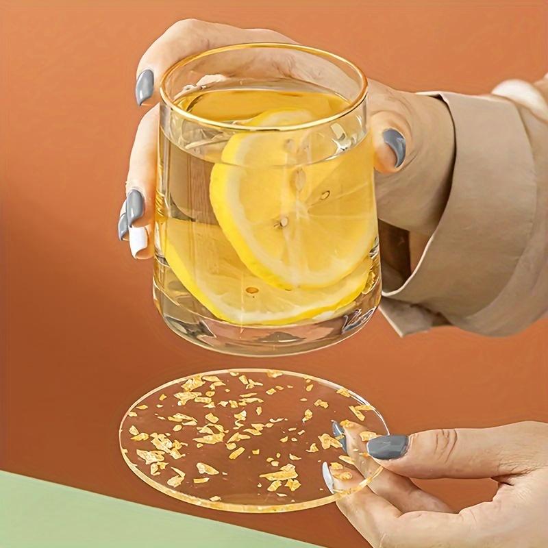 3pcs Golden Foil Acrylic Coaster Set - Luxurious Tea Cup Heat Resistant Pads - Fashionable Round Table Protector Home Decor Kit