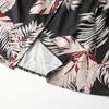 Women V Neck Summer Leaf Print Short Sleeve Single Breasted Drawstring Loose Dresses