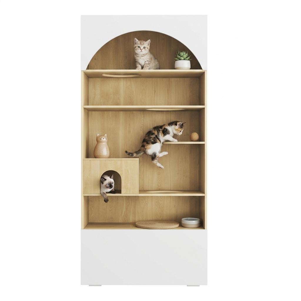 Multi-purpose Cabinet, Pet Cabinet, with Cat Climbing Wall, Cat Cave, and Lying Areas, 90 X 50 X 202 Cm, with Storage Space, White+wood Look