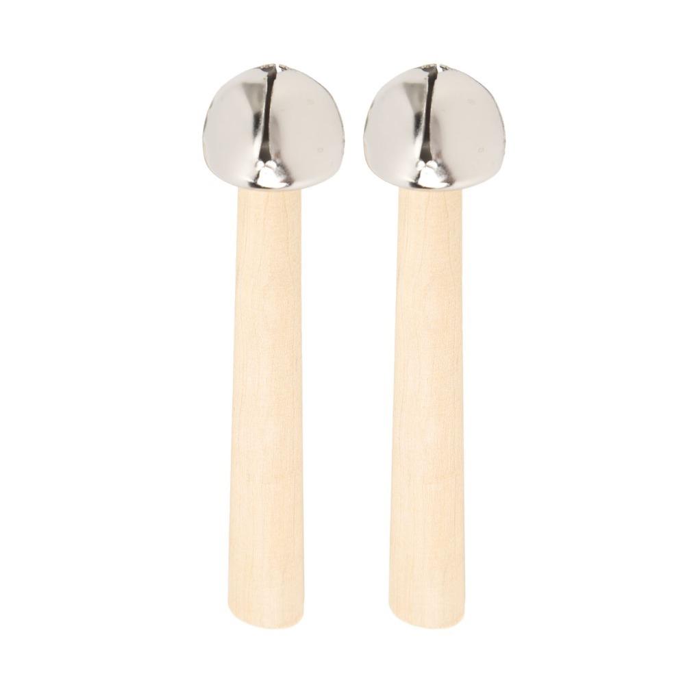 2PCS Silver+Wood Color Orff Hand Bells Clear Pleasant Sounds Wooden Hand Bells Music Learning