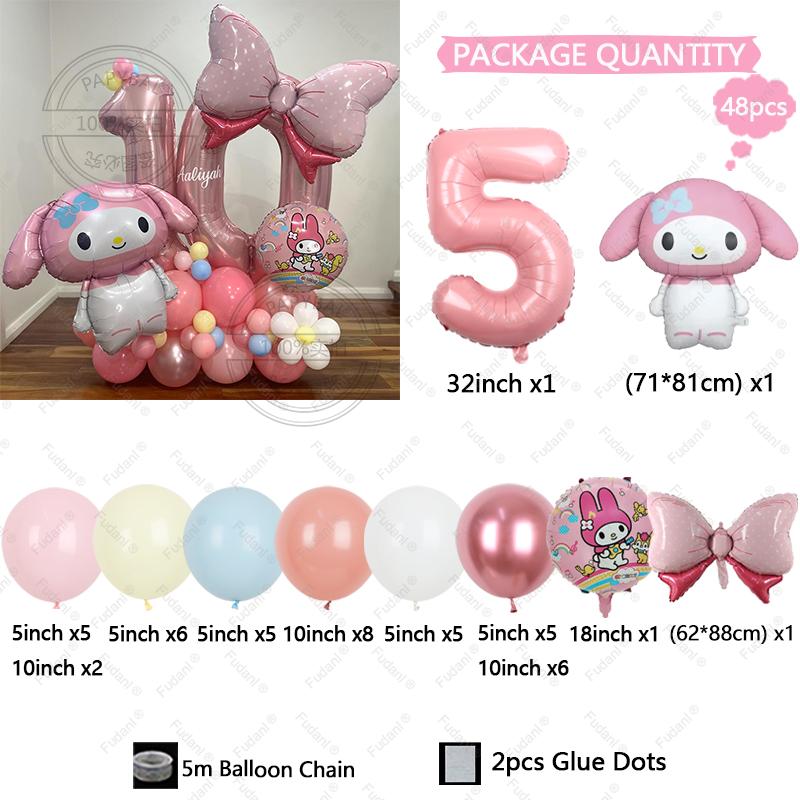 48pcs Cartoon Cute My Melody Bow Theme Foil Balloon 32 Inch Pink Number Set Children's 1-9th Birthday Party Decorative Toys