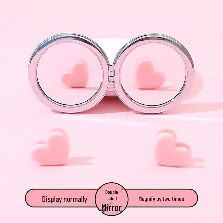 Girlish Heart Double-Sided Portable Makeup Mirror - Cute, Compact, and Foldable.