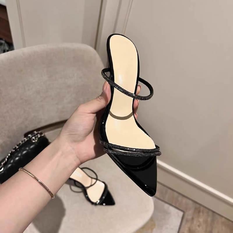 Stunning Black Strap Diamond Open Toe Ultra High Heel Slippers Pointed Toe Thin Heel Fashionable Outdoor Sandals for Women