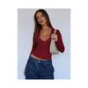 Damen Langarmshirts Ausgehen V-Ausschnitt Kurz Spitzen Mesh Eng Anliegende Shirts Weinrot S