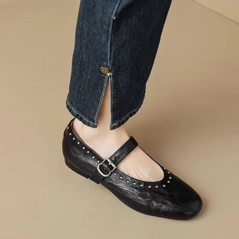 2024 Brand Shoes for Women One-word Buckle Women's Flats Spring Square Toe Solid Rivet Shallow Mouth Dress Mary Jane Shoes