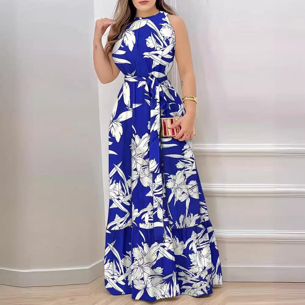 

Женские летние новые платья с принтом и оборками на завязках через шею M синий