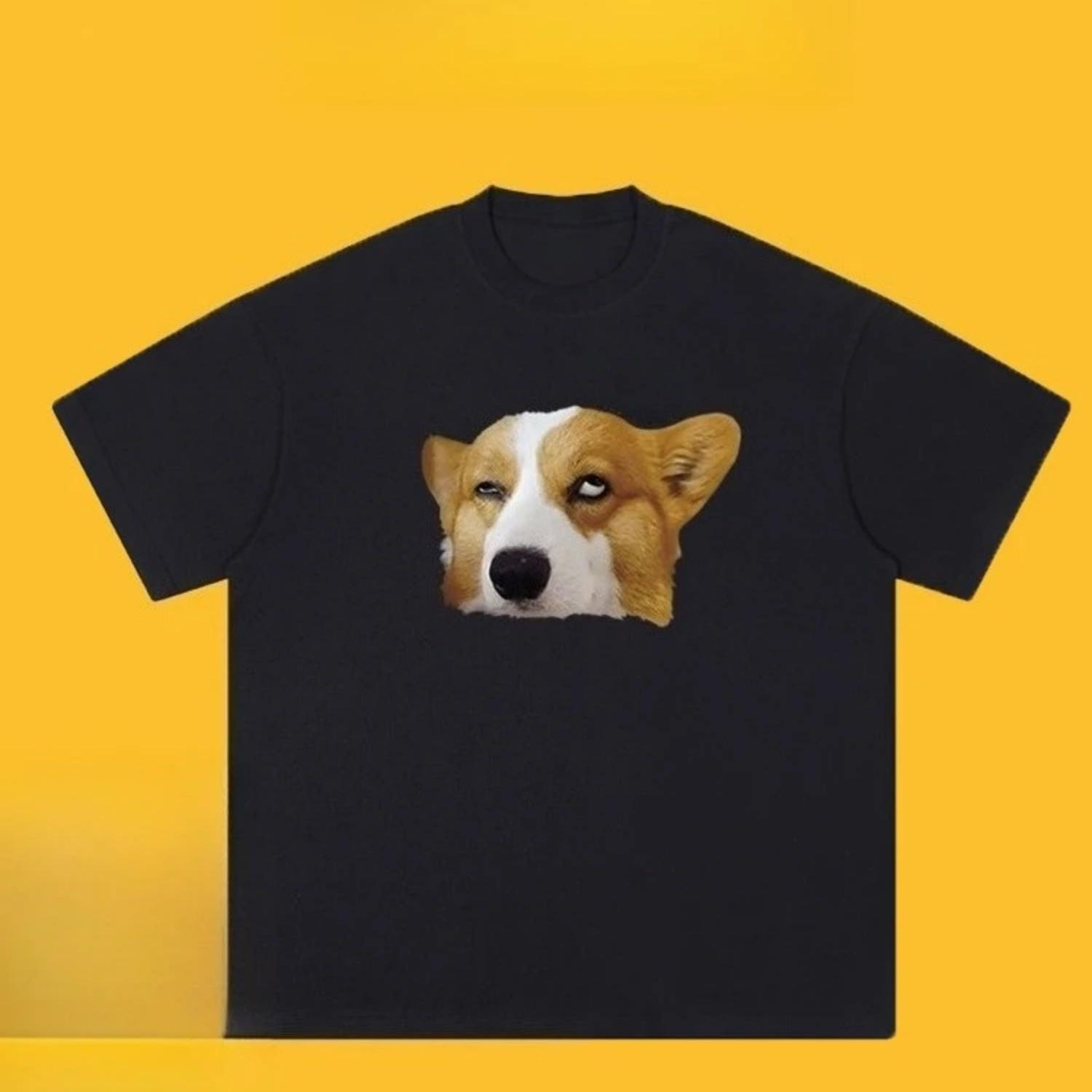 

American Style Trendy Brand Funny Quirky White-eyed Dog Cartoon Printed Short-sleeve T-shirt for and Versatile Top Tee S чёрный