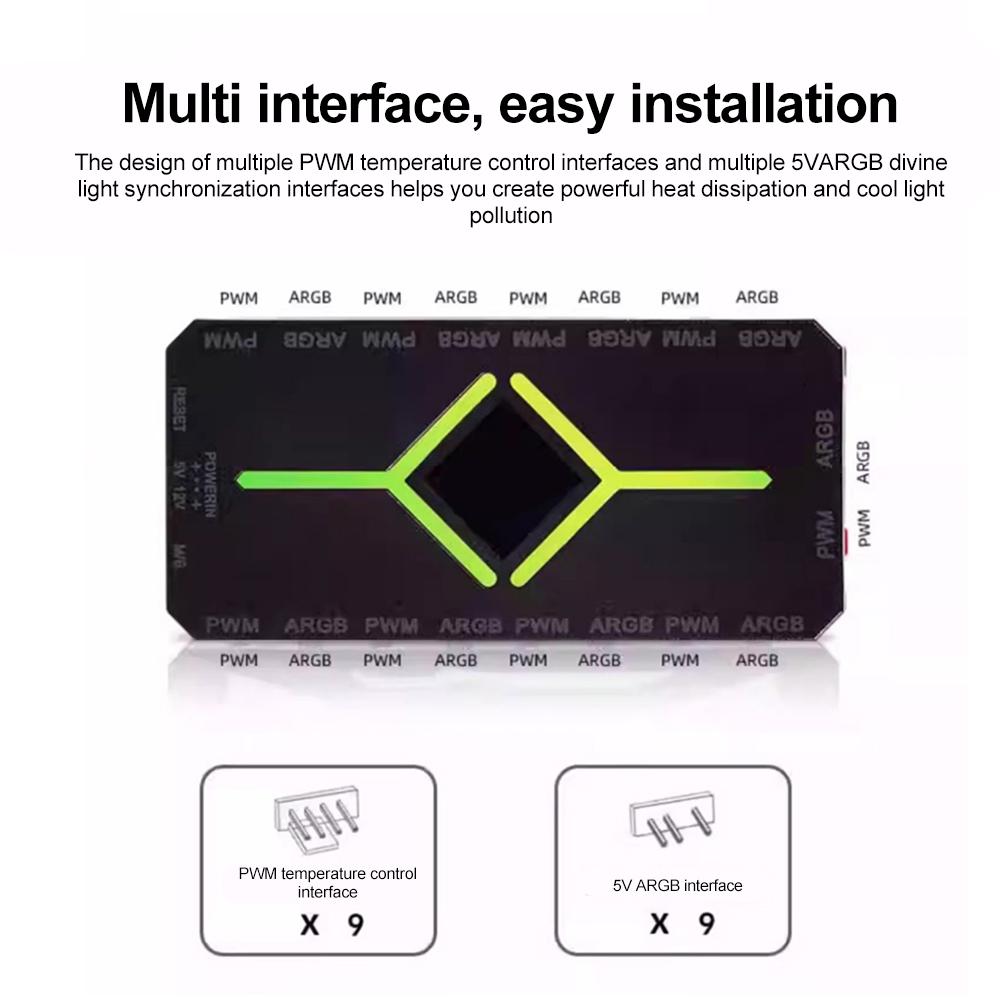 3 In 1 5V 3 Pin ARGB Controller Cooling Fan Hub 4 Pin PWM Magnetic Suction Hub PWM Fan Hub 1To9 Ports for Computer PC Case Fan