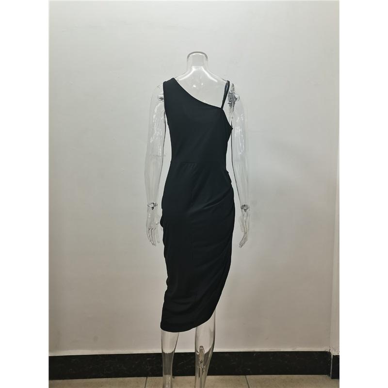 Women's Solid Color Sexy Split Long Skirt Pleated One-shoulder Evening Dress Skirt Women's Clothing