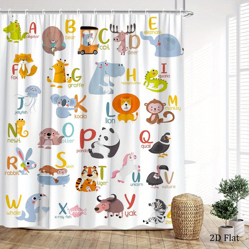 Animal Alphabet Shower Curtain Cute Cartoon Animals A-Z Print Polyester Bath Curtain With Hooks For Kids Bathroom Decor