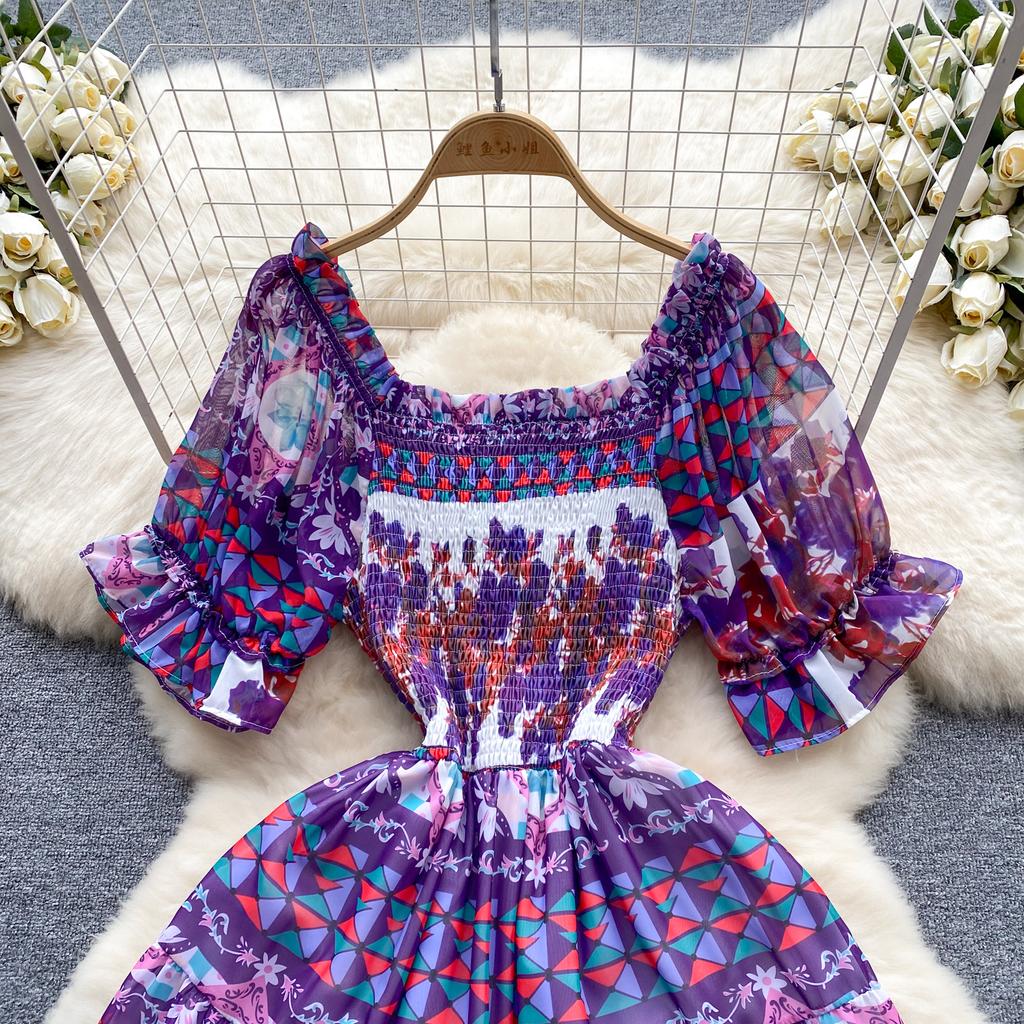 Berufskleid für Damen, quadratischer Kragen, Puffärmel, bedruckt, Chiffon-Kleider, A-Linie, Falten, Stretch, Vestidos Mujer, Sommer, Dropship